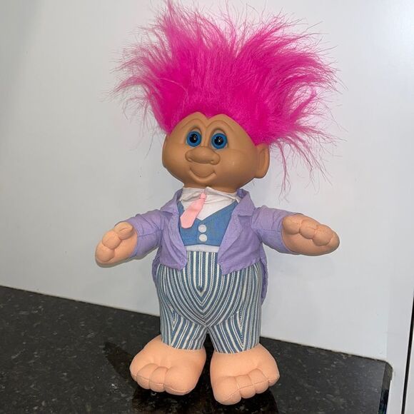 1992 Ganz Troll Doll Pink Hair Vest & Tails/ Tie Outfit 13" Vintage Plush - Picture 1 of 7
